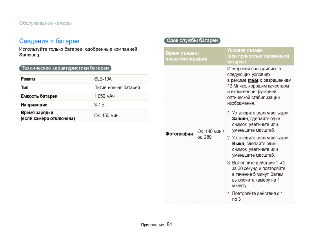 Samsung EC-PL70ZZBPBRU, EC-PL70ZZBPSRU manual Сведения о батарее, Технические характеристики батареи, Срок службы батареи 