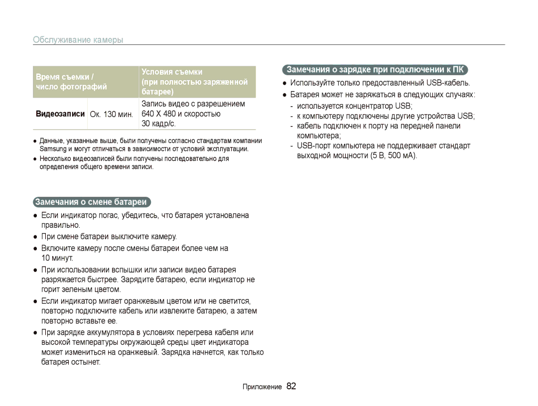 Samsung EC-PL70ZZBPPRU manual Замечания о зарядке при подключении к ПК, Замечания о смене батареи, Видеозаписи Ок мин 