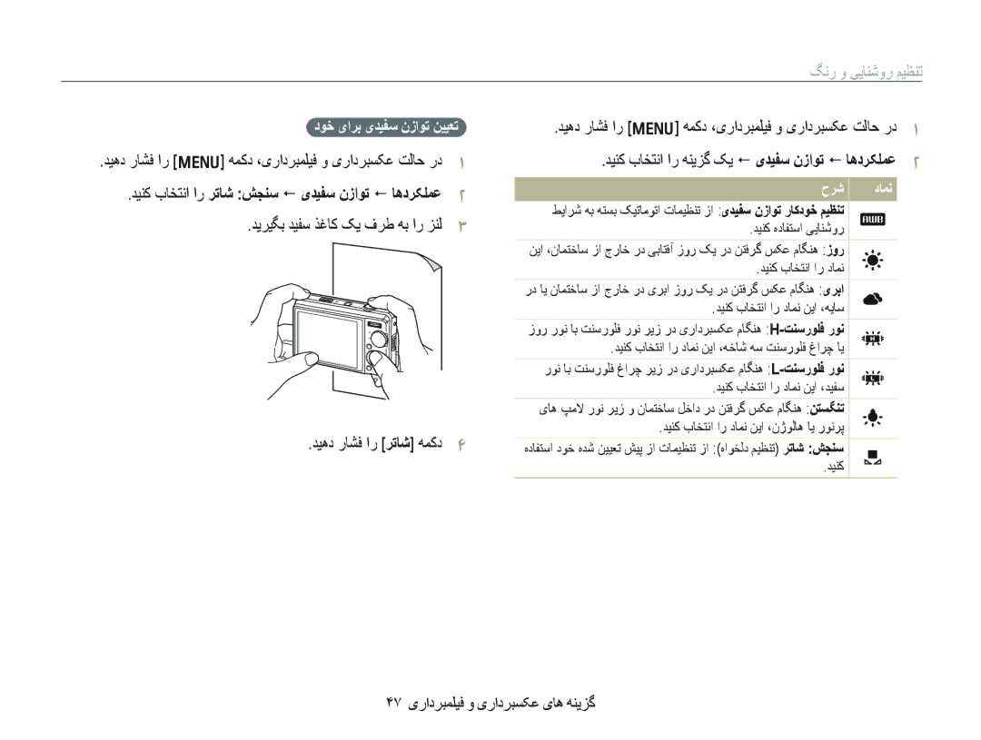 Samsung EC-PL70ZZDPSME manual ۴٧ یﺭﺍﺩﺮﺒﻤﻠﻴﻓ ﻭ یﺭﺍﺩﺮﺒﺴﮑﻋ یﺎﻫ ﻪﻨﻳﺰﮔ, ﺩﻮﺧ یﺍﺮﺑ یﺪﻴﻔﺳ ﻥﺯﺍﻮﺗ ﻦﻴﻴﻌﺗ, ﺪﻴﻨﮐ ﻩﺩﺎﻔﺘﺳﺍ ﯽﻳﺎﻨﺷﻭﺭ 