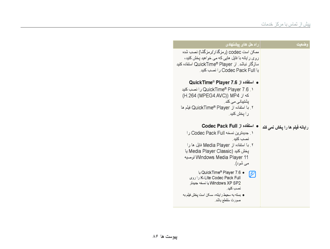Samsung EC-PL70ZZBPSGB manual ٨۶ ﺎﻫ ﺖﺳﻮﻴﭘ, یﺩﺎﻬﻨﺸﻴﭘ یﺎﻫ ﻞﺣ ﻩﺍﺭ, QuickTime Player 7.6 ﺯﺍ ﻩﺩﺎﻔﺘﺳﺍ, Codec Pack Full ﺯﺍ ﻩﺩﺎﻔﺘﺳﺍ 