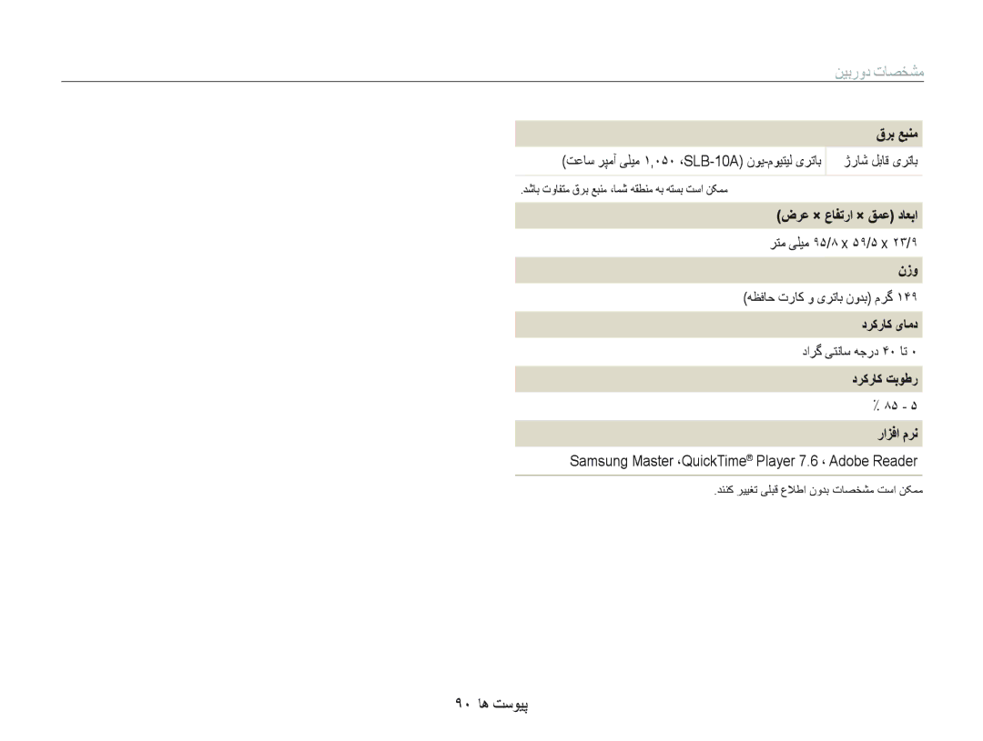 Samsung EC-PL70ZZBPSGB, EC-PL70ZZDPSME, EC-PL70ZZDPBME, EC-PL70ZZBPSSA manual ٩٠ ﺎﻫ ﺖﺳﻮﻴﭘ 