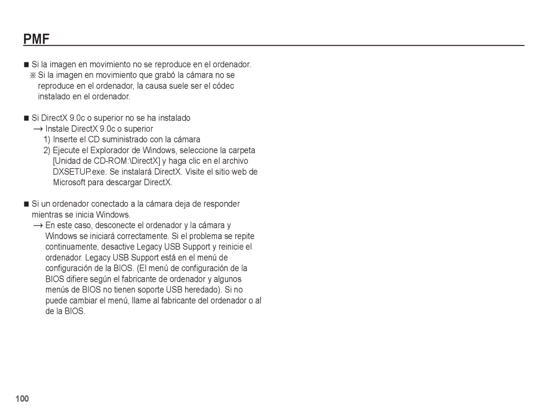 Samsung EC-PL80ZZBPBE1 manual Si la imagen en movimiento no se reproduce en el ordenador, 100 
