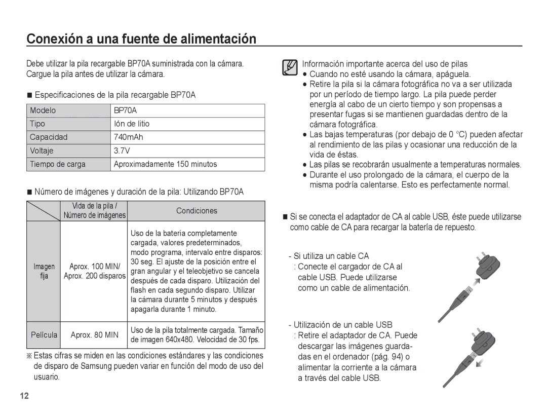 Samsung EC-PL80ZZBPBE1 manual Conexión a una fuente de alimentación, Especiﬁcaciones de la pila recargable BP70A 