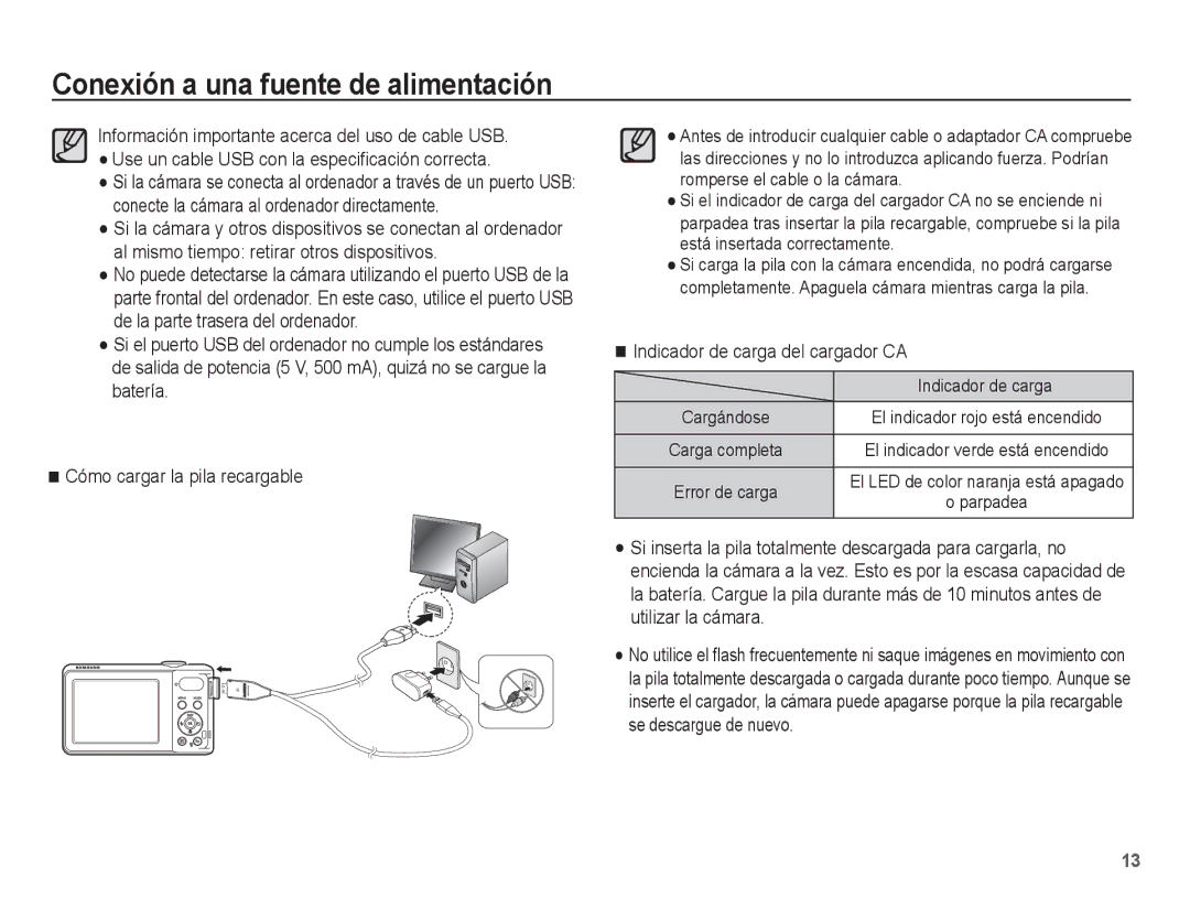 Samsung EC-PL80ZZBPBE1 manual Indicador de carga del cargador CA 