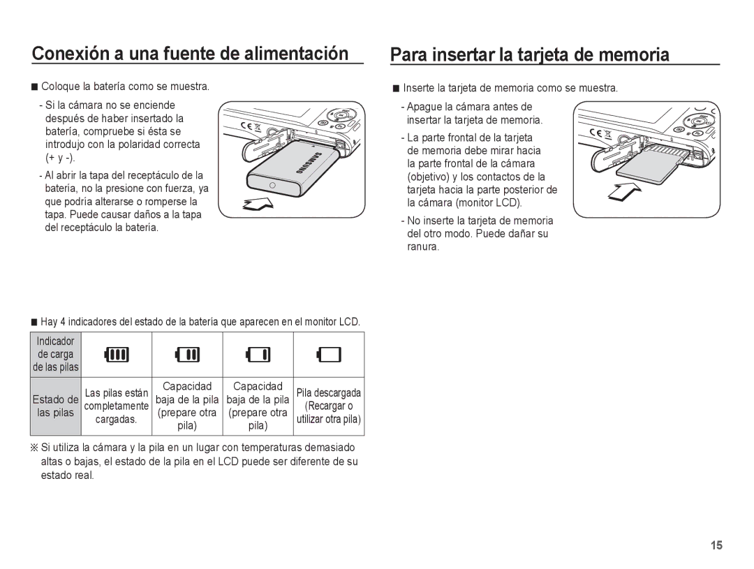 Samsung EC-PL80ZZBPBE1 manual Para insertar la tarjeta de memoria, Inserte la tarjeta de memoria como se muestra 