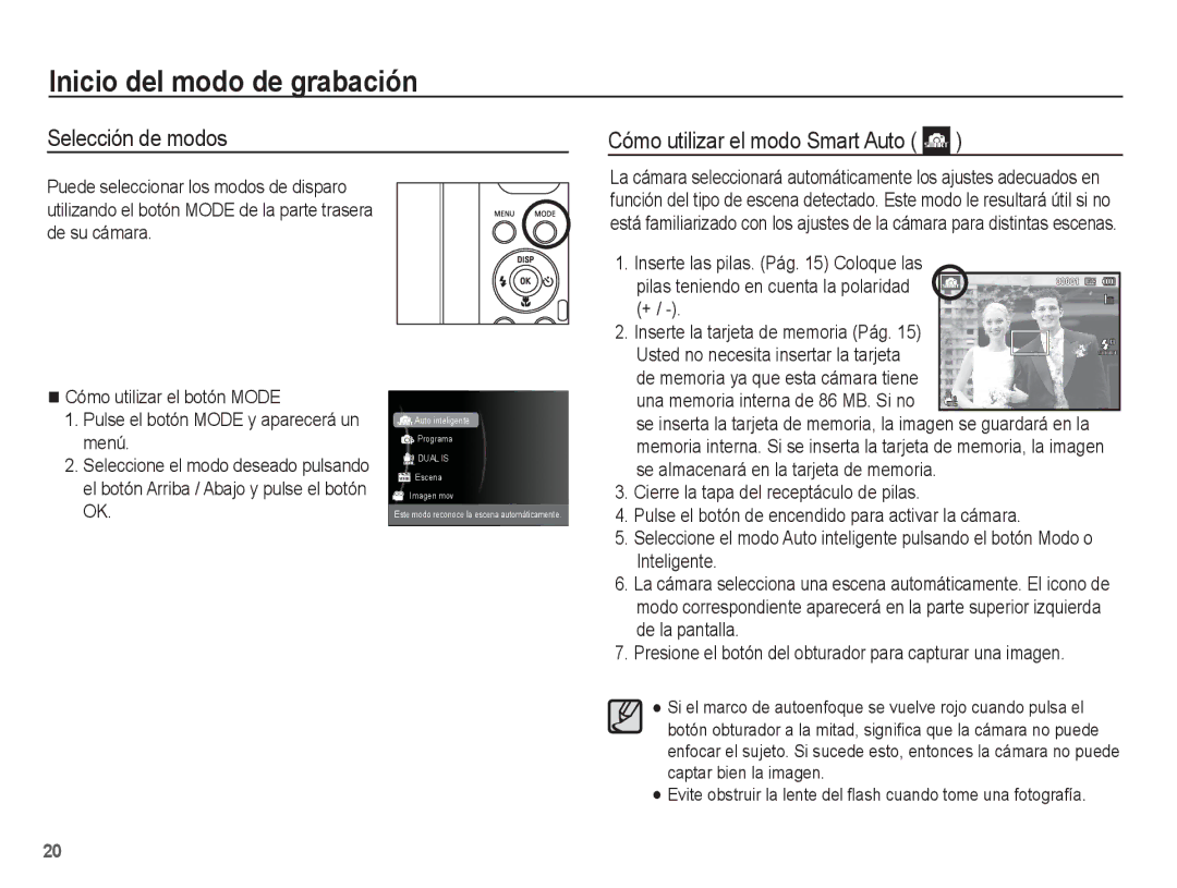 Samsung EC-PL80ZZBPBE1 manual Inicio del modo de grabación, Selección de modos Cómo utilizar el modo Smart Auto 