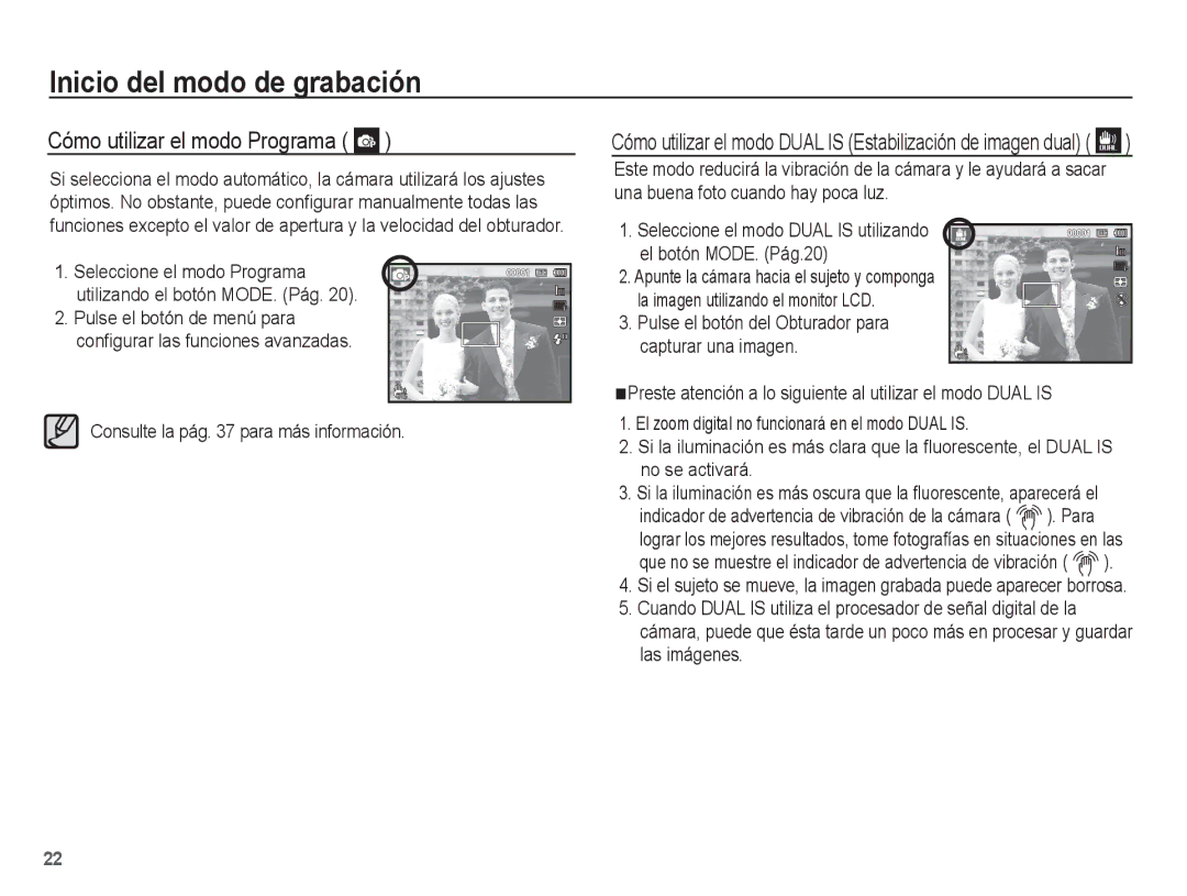 Samsung EC-PL80ZZBPBE1 manual Cómo utilizar el modo Programa, Consulte la pág para más información 