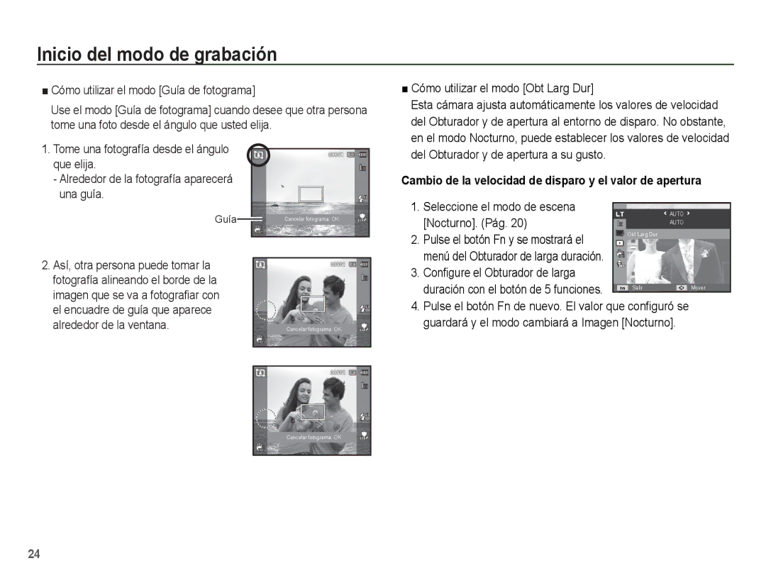 Samsung EC-PL80ZZBPBE1 manual Cómo utilizar el modo Guía de fotograma, Cómo utilizar el modo Obt Larg Dur 