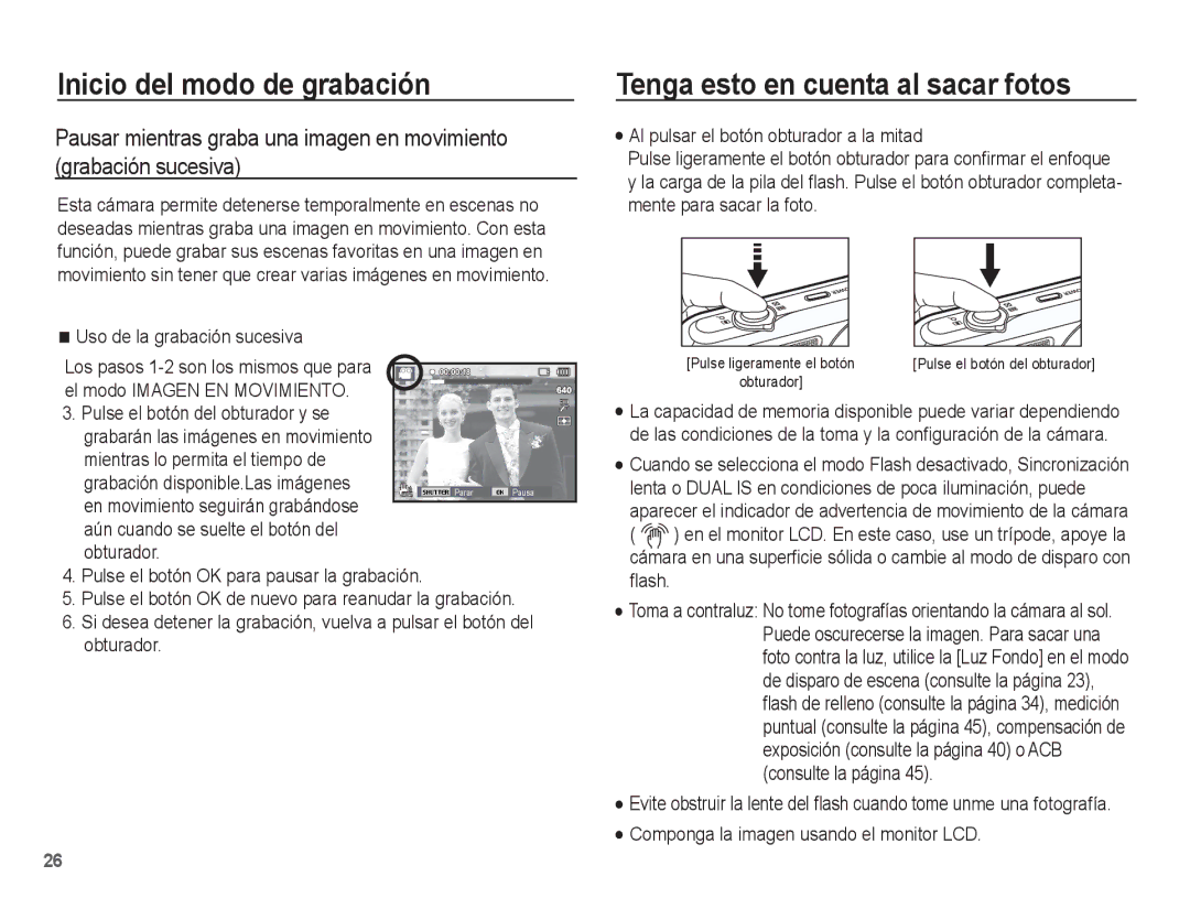 Samsung EC-PL80ZZBPBE1 manual Tenga esto en cuenta al sacar fotos, Uso de la grabación sucesiva 