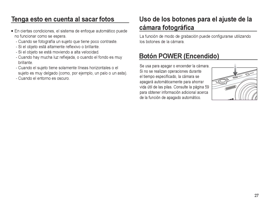 Samsung EC-PL80ZZBPBE1 manual Uso de los botones para el ajuste de la cámara fotográﬁca, Botón Power Encendido 