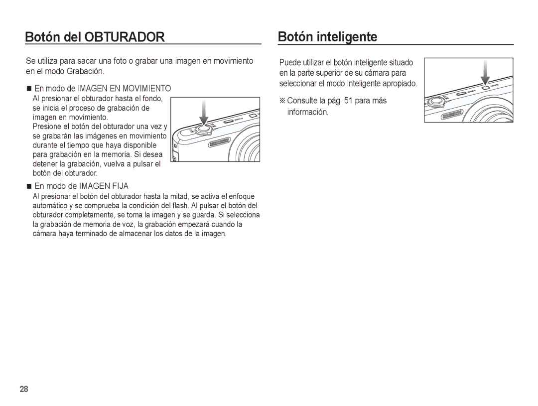 Samsung EC-PL80ZZBPBE1 manual Botón del Obturador, Botón inteligente, En modo de Imagen Fija 