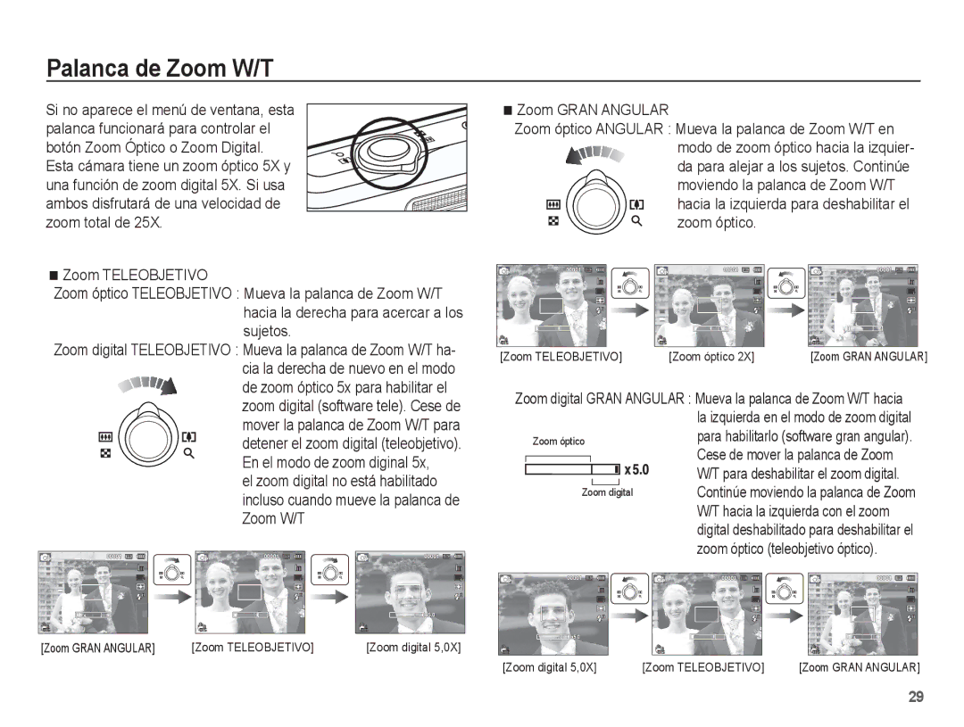 Samsung EC-PL80ZZBPBE1 manual Palanca de Zoom W/T, Zoom Gran Angular, Cese de mover la palanca de Zoom 