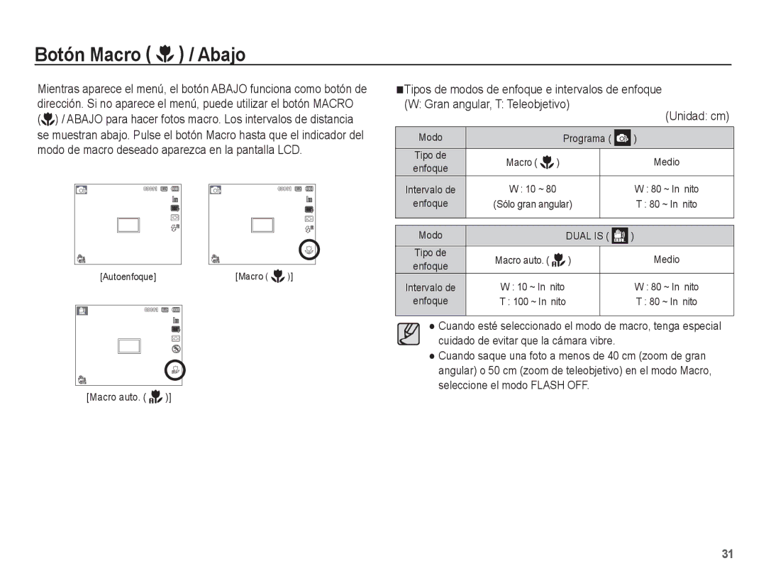 Samsung EC-PL80ZZBPBE1 manual Botón Macro / Abajo, Macro auto, Unidad cm, Modo 