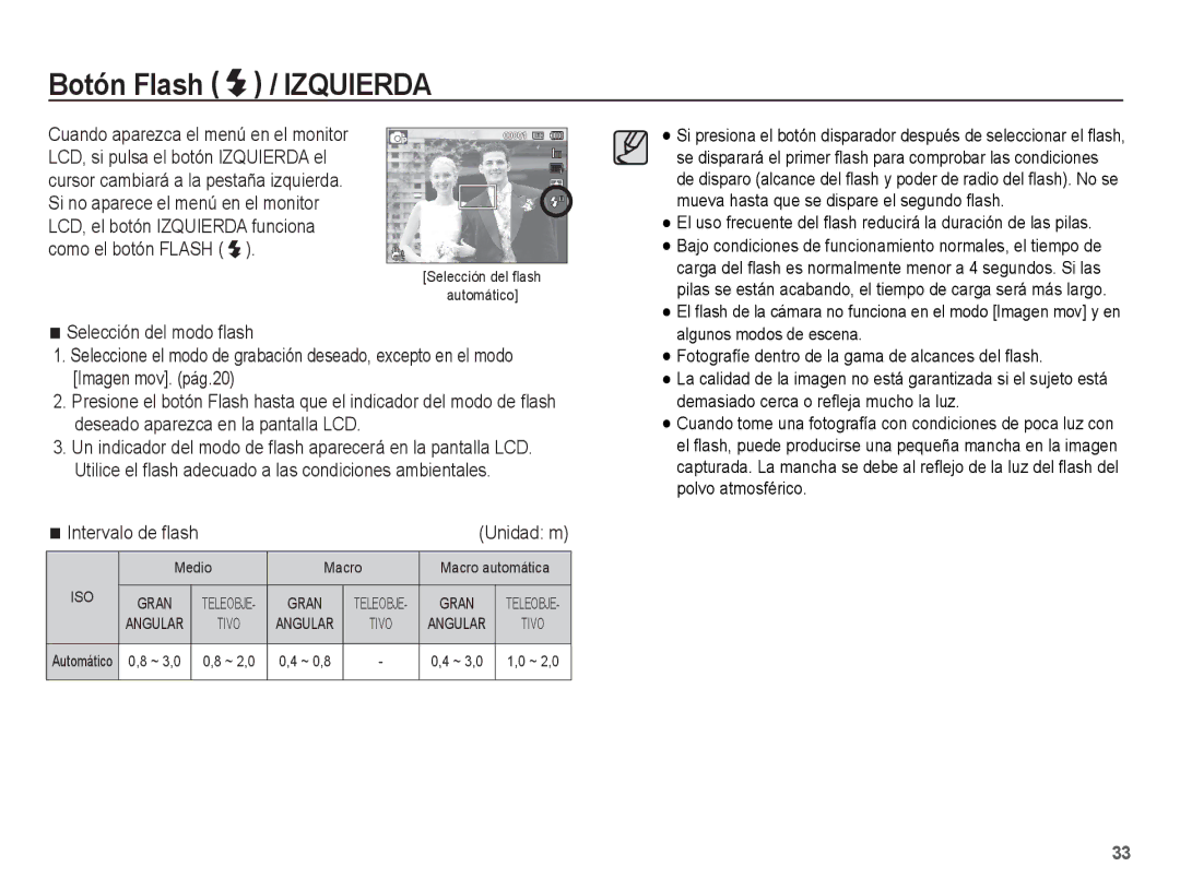 Samsung EC-PL80ZZBPBE1 manual Botón Flash / Izquierda, Unidad m 