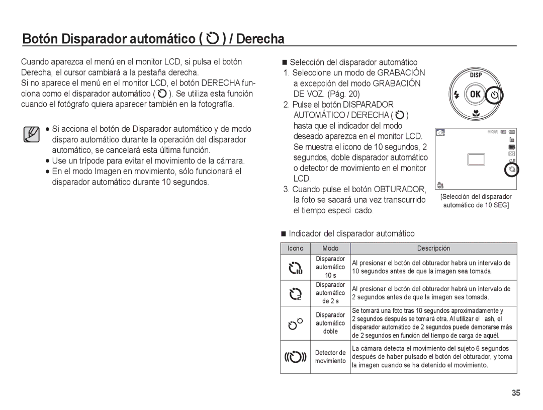 Samsung EC-PL80ZZBPBE1 manual Botón Disparador automático / Derecha, Selección del disparador automático 