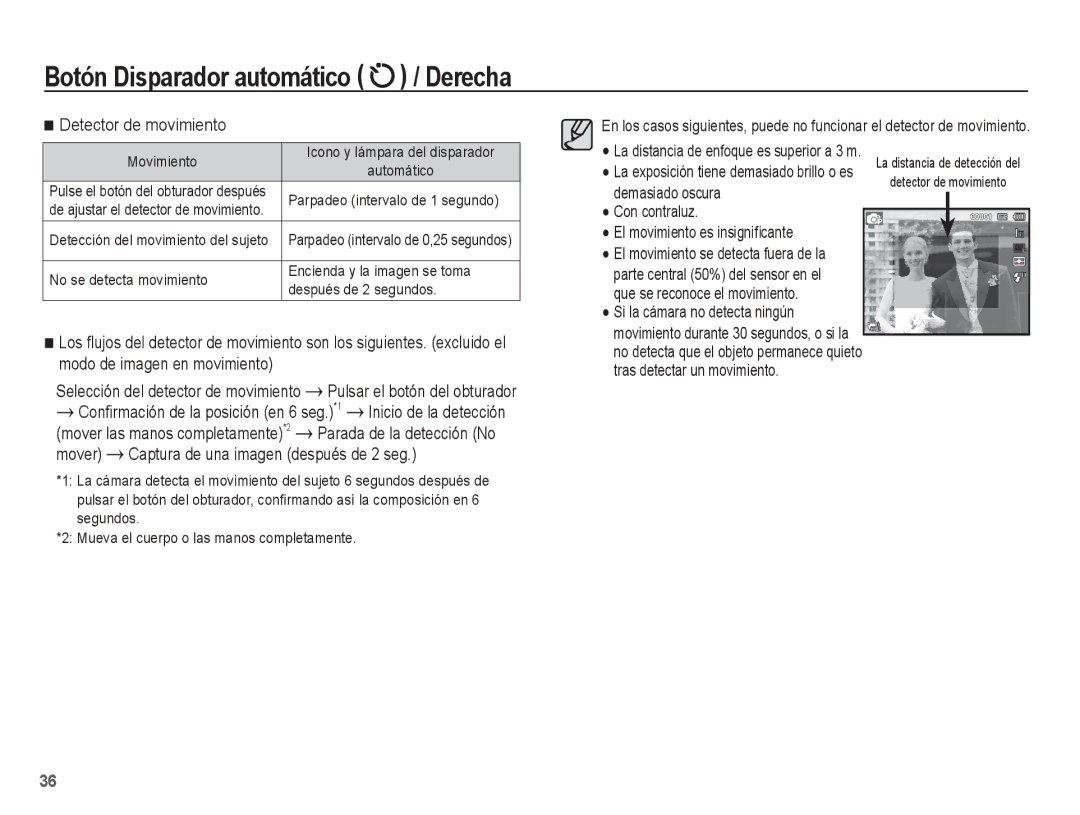 Samsung EC-PL80ZZBPBE1 manual Detector de movimiento, Mover Captura de una imagen después de 2 seg 