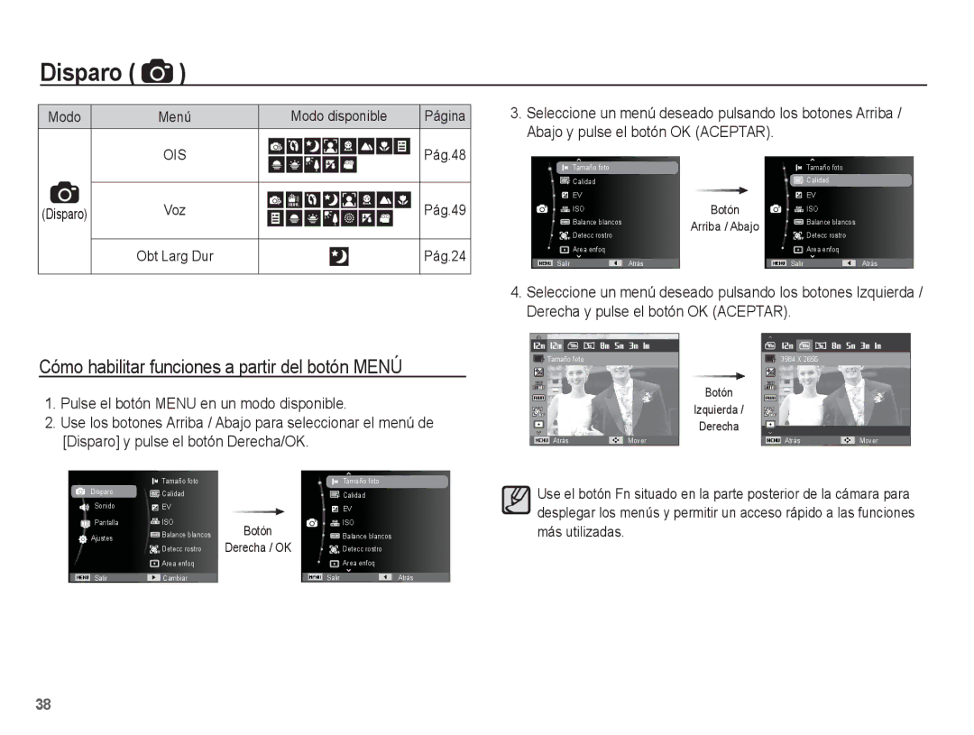 Samsung EC-PL80ZZBPBE1 manual Cómo habilitar funciones a partir del botón Menú 