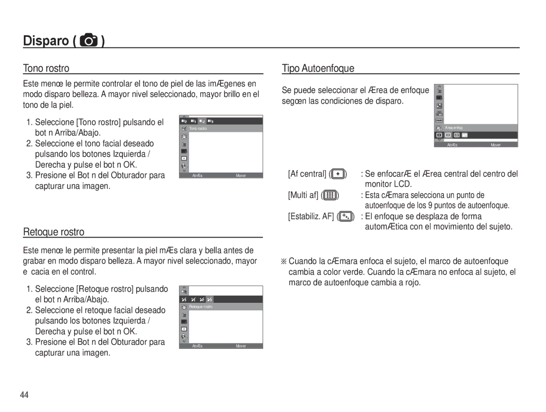 Samsung EC-PL80ZZBPBE1 manual Tono rostro, Tipo Autoenfoque, Retoque rostro 