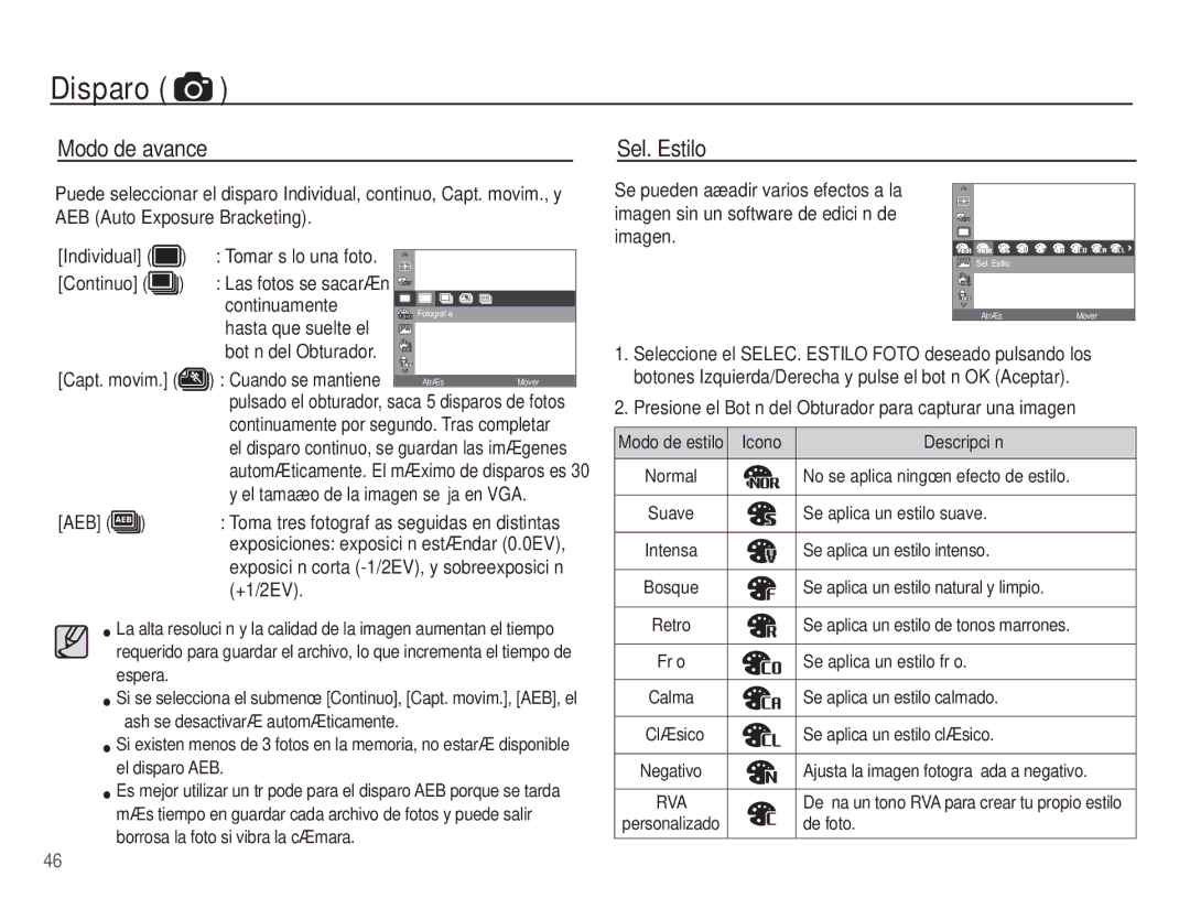 Samsung EC-PL80ZZBPBE1 manual Modo de avance, Sel. Estilo, Hasta que suelte el Botón del Obturador, Aeb, +1/2EV 