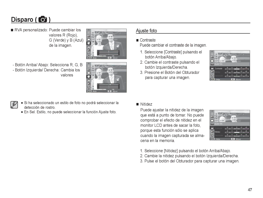 Samsung EC-PL80ZZBPBE1 manual Ajuste foto, Botón Arriba/ Abajo Selecciona R, G, B, Contraste, Nitidez 
