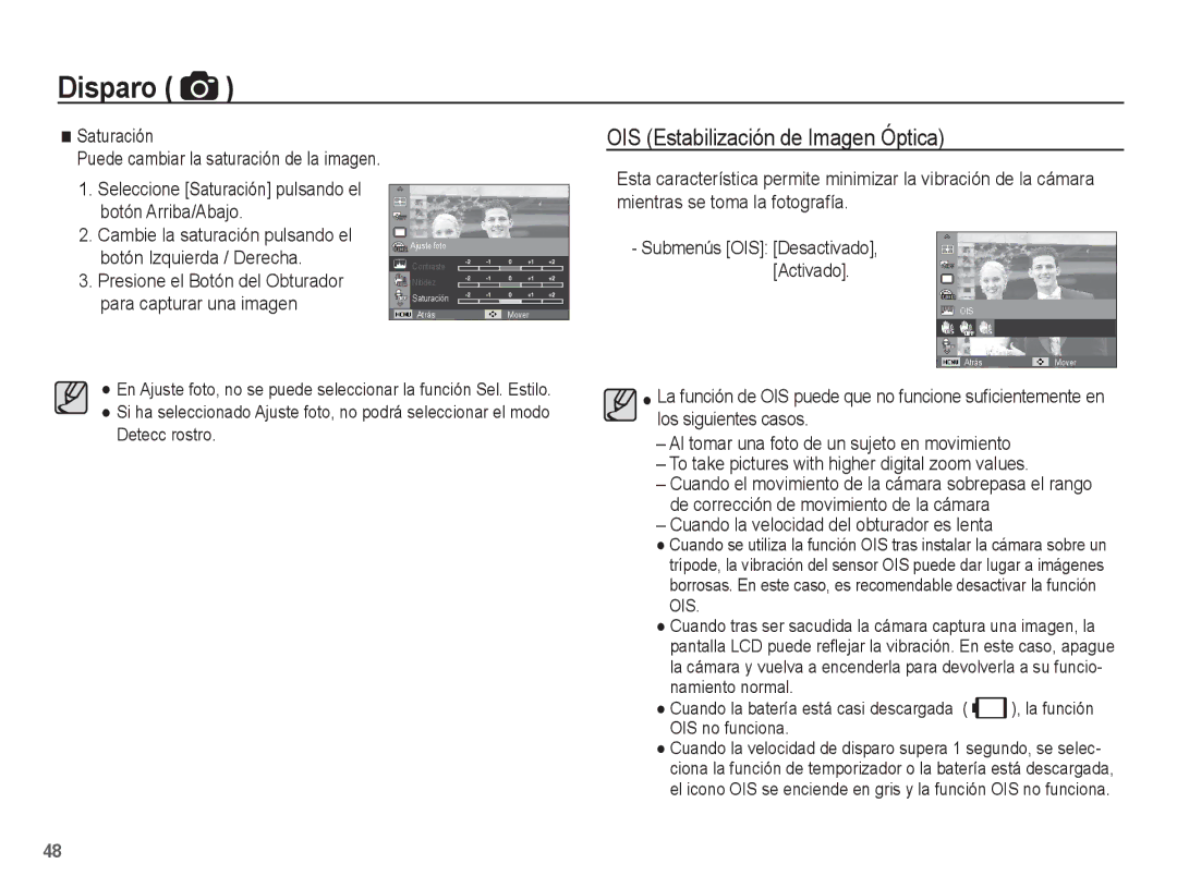 Samsung EC-PL80ZZBPBE1 manual OIS Estabilización de Imagen Óptica, Saturación, Cuando la velocidad del obturador es lenta 