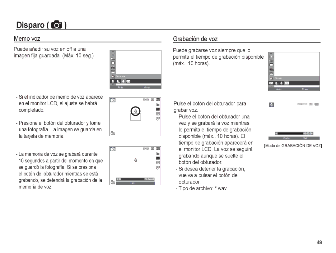 Samsung EC-PL80ZZBPBE1 manual Memo voz, Grabación de voz, Vuelva a pulsar el botón del, Obturador, Tipo de archivo *.wav 