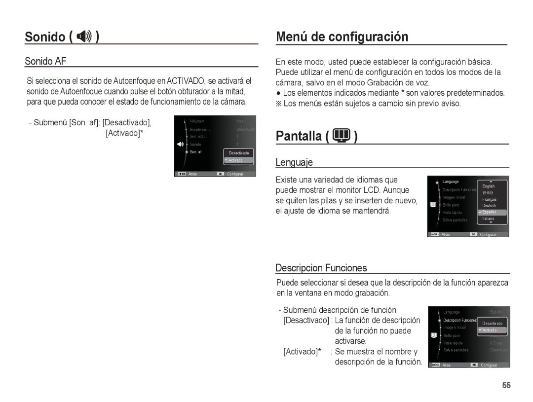 Samsung EC-PL80ZZBPBE1 manual Menú de conﬁguración, Pantalla, Sonido AF, Lenguaje, Descripcion Funciones 