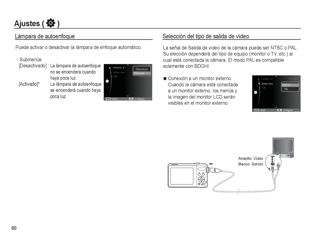 Samsung EC-PL80ZZBPBE1 manual Lámpara de autoenfoque, Selección del tipo de salida de vídeo 