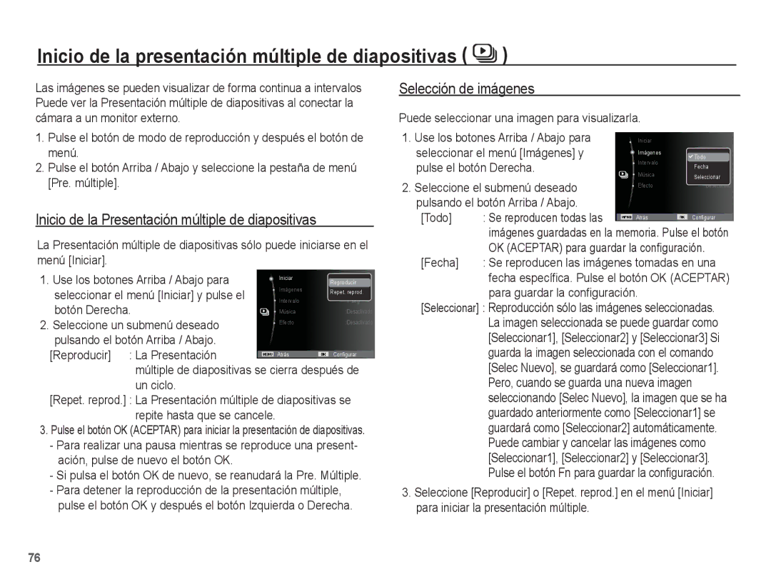 Samsung EC-PL80ZZBPBE1 manual Inicio de la presentación múltiple de diapositivas, Selección de imágenes 