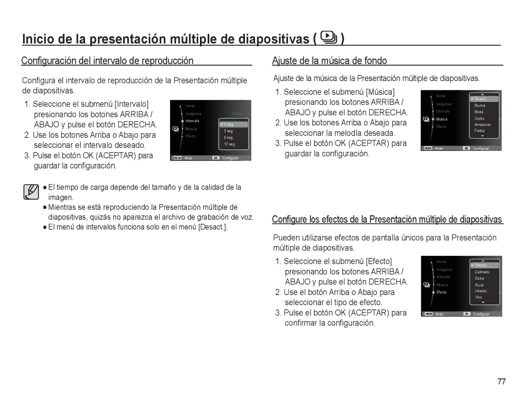 Samsung EC-PL80ZZBPBE1 Configuración del intervalo de reproducción, Ajuste de la música de fondo, Guardar la configuración 