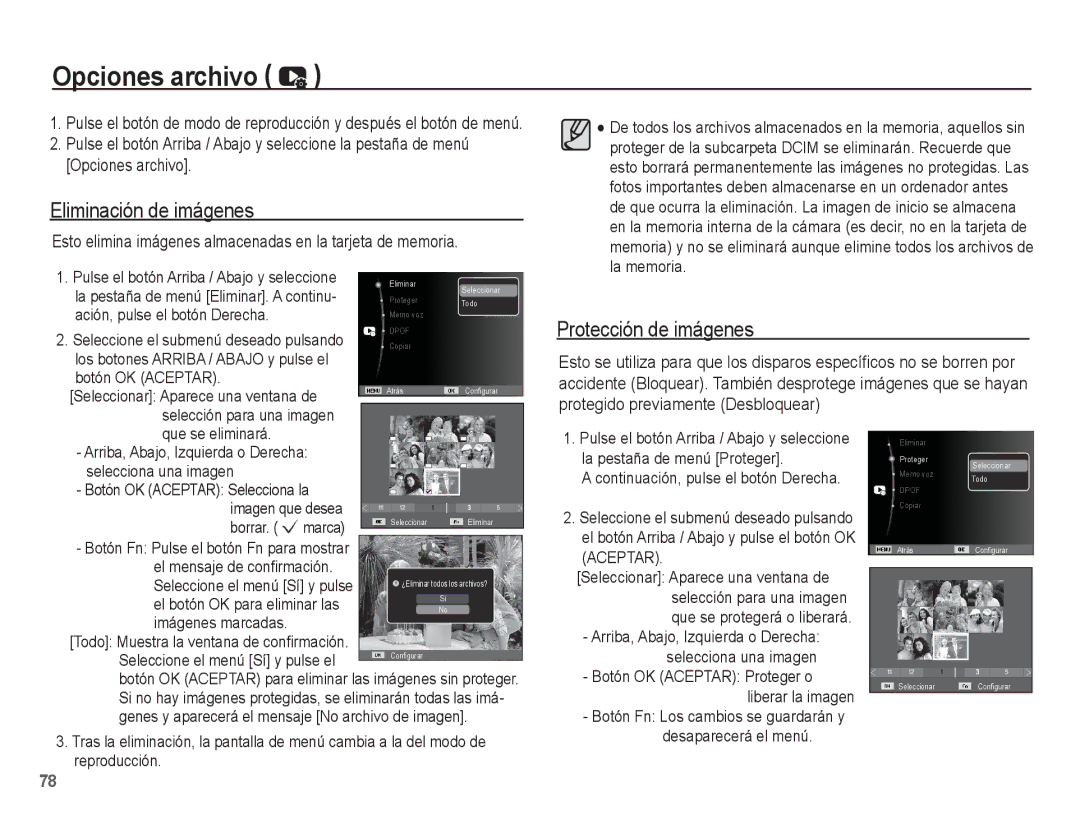 Samsung EC-PL80ZZBPBE1 manual Opciones archivo, Eliminación de imágenes, Protección de imágenes 