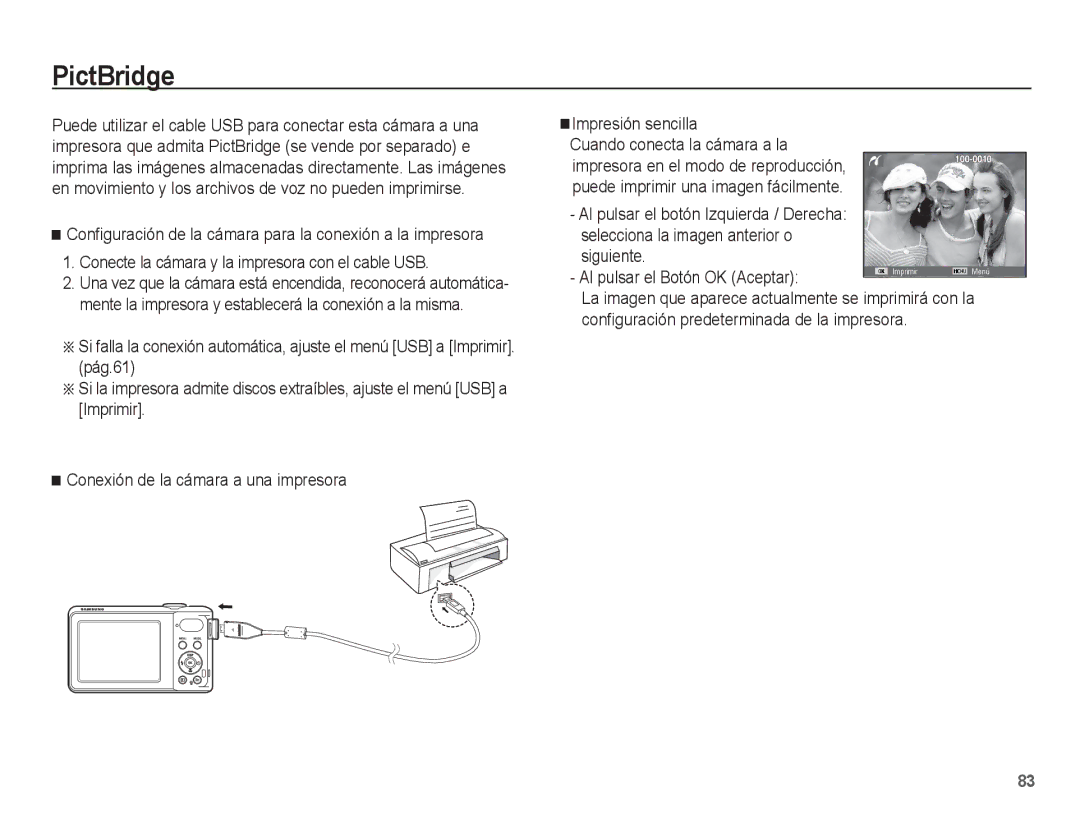 Samsung EC-PL80ZZBPBE1 manual PictBridge, Configuración predeterminada de la impresora 