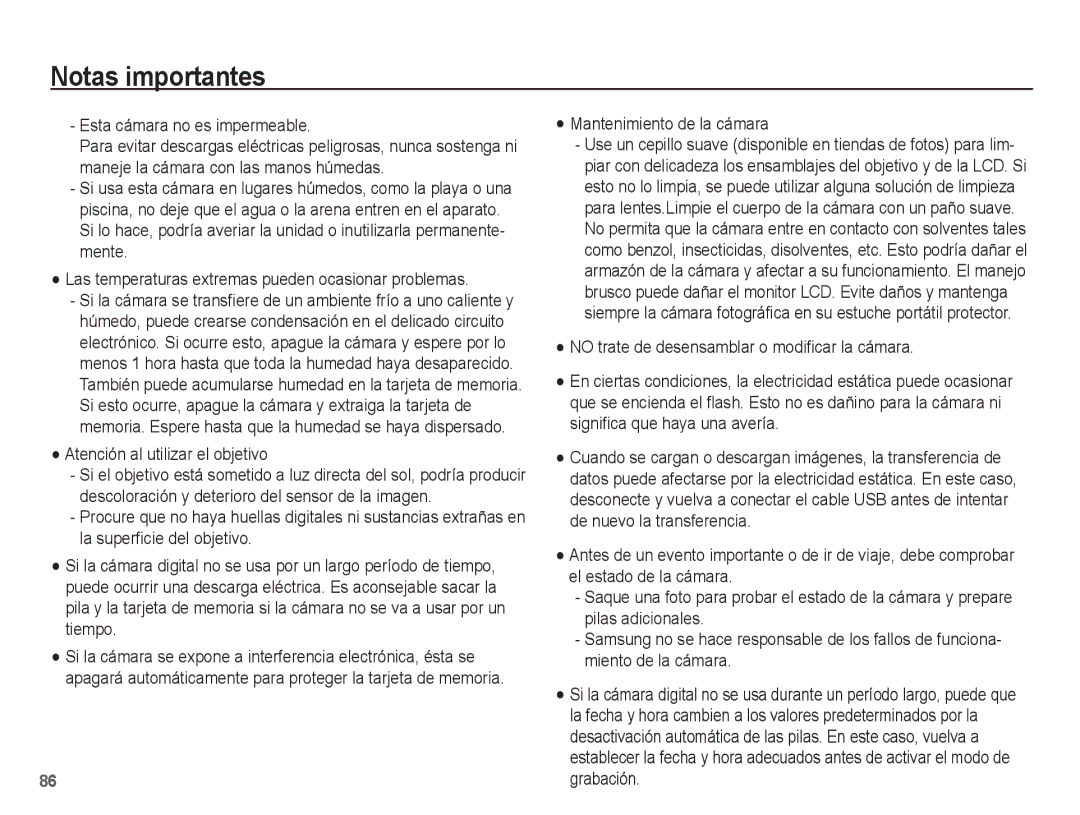 Samsung EC-PL80ZZBPBE1 manual Esta cámara no es impermeable, Atención al utilizar el objetivo, Mantenimiento de la cámara 