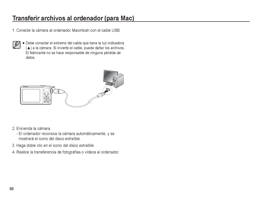 Samsung EC-PL80ZZBPBE1 manual Conecte la cámara al ordenador Macintosh con el cable USB, Encienda la cámara 