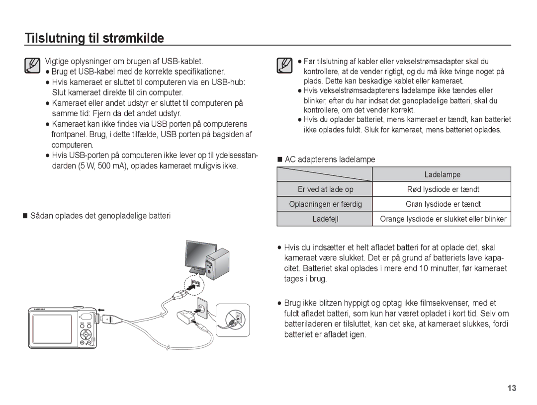 Samsung EC-PL80ZZBPBE2, EC-PL80ZZBPLE2 manual Sådan oplades det genopladelige batteri, AC adapterens ladelampe, Ladelampe 