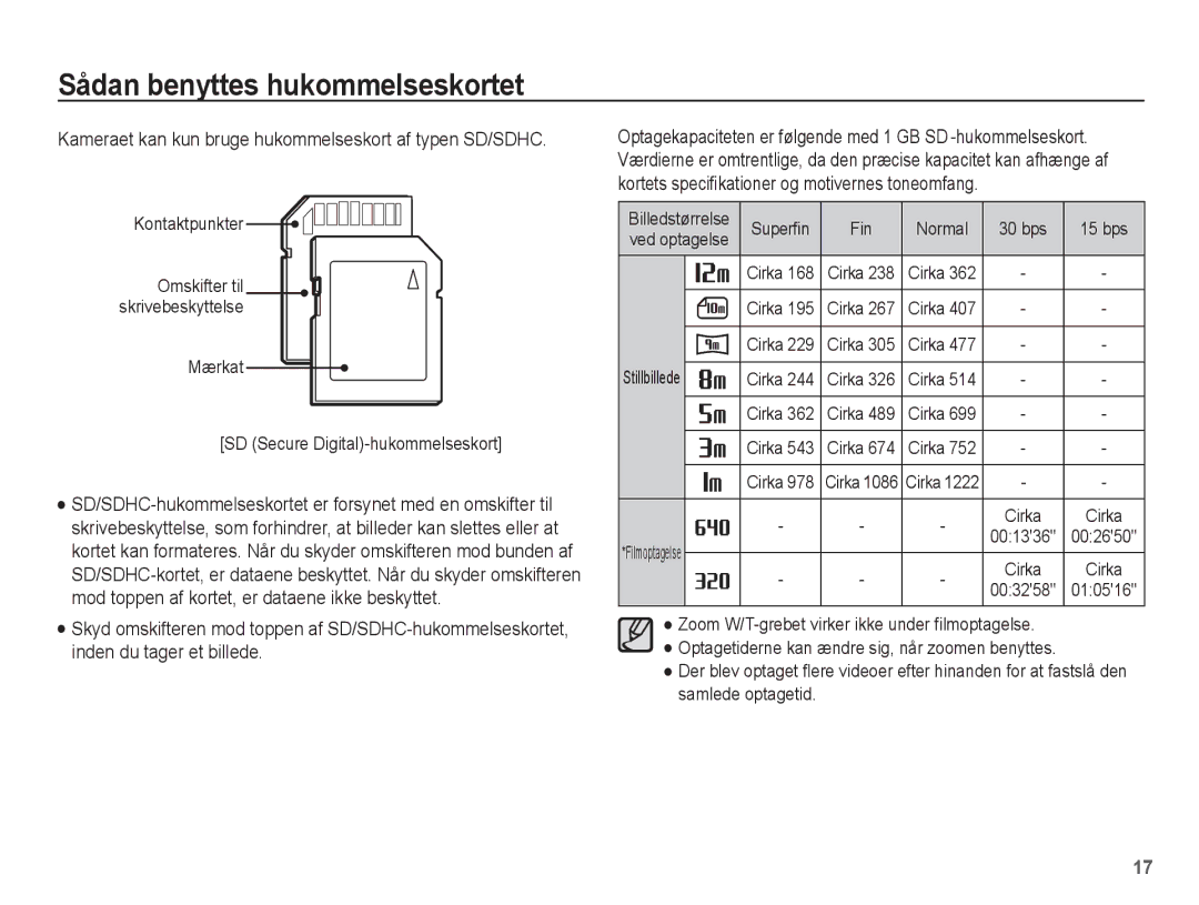 Samsung EC-PL80ZZBPBE2 manual Mærkat SD Secure Digital-hukommelseskort, Billedstørrelse, Ved optagelse, Stillbillede, Cirka 