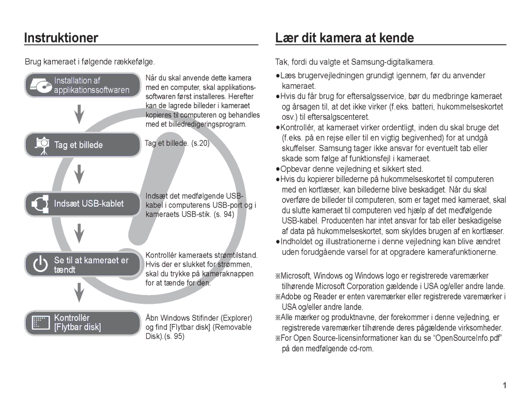 Samsung EC-PL80ZZBPBE2 Instruktioner, Lær dit kamera at kende, Brug kameraet i følgende rækkefølge, Tag et billede. s.20 