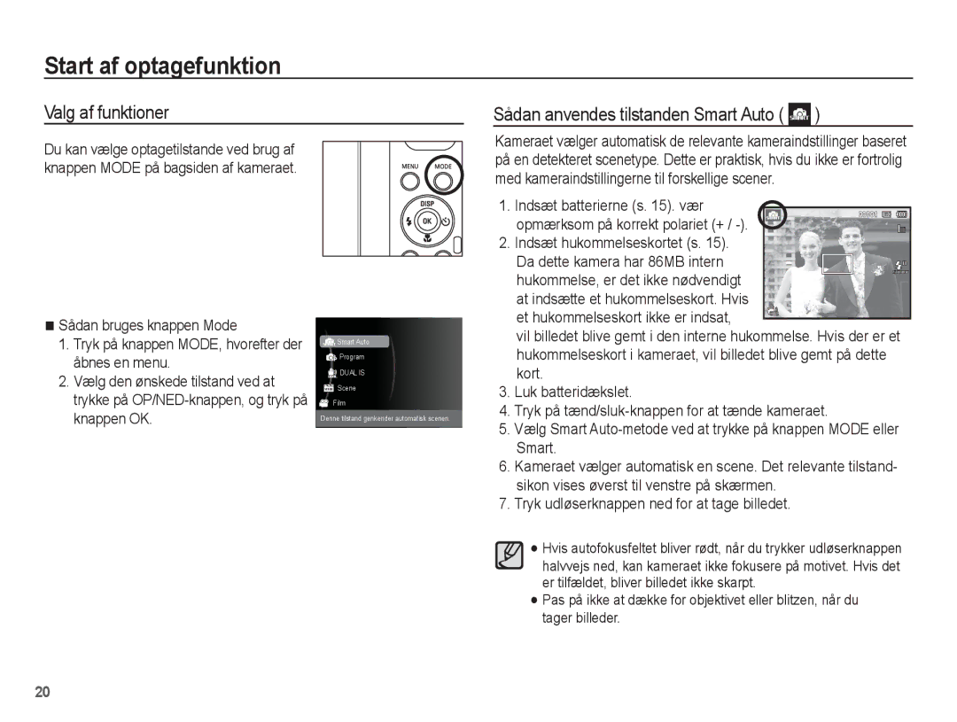 Samsung EC-PL80ZZBPLE2, EC-PL80ZZBPBE2 Start af optagefunktion, Valg af funktioner Sådan anvendes tilstanden Smart Auto 