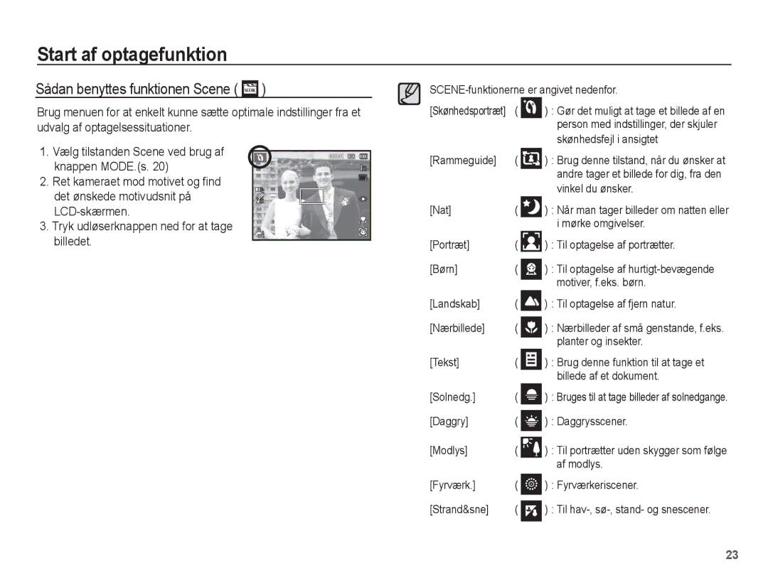 Samsung EC-PL80ZZBPBE2, EC-PL80ZZBPLE2 manual Sådan benyttes funktionen Scene 