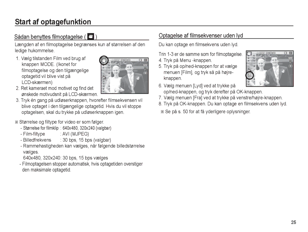 Samsung EC-PL80ZZBPBE2, EC-PL80ZZBPLE2 Sådan benyttes ﬁlmoptagelse, Optagelse af ﬁlmsekvenser uden lyd, Billedfrekvens 