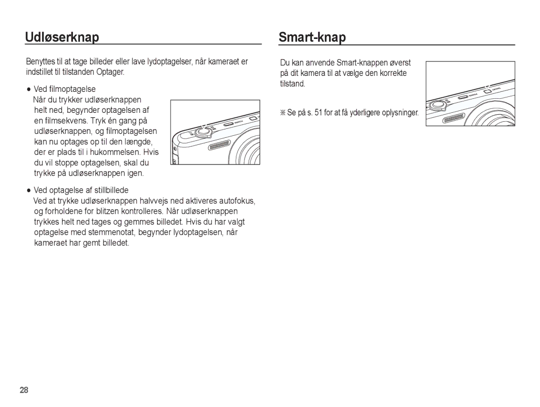 Samsung EC-PL80ZZBPLE2, EC-PL80ZZBPBE2 manual Udløserknap, Smart-knap, Ved optagelse af stillbillede 