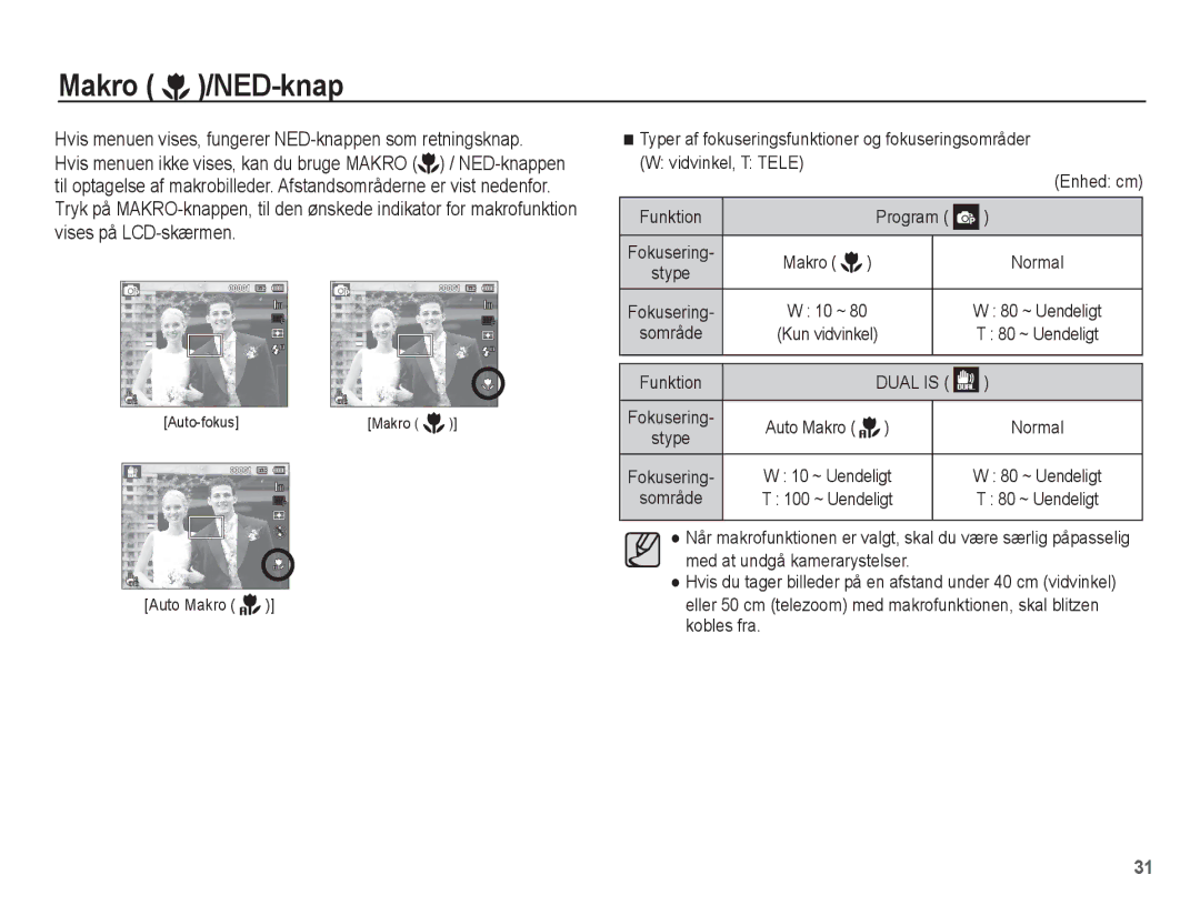 Samsung EC-PL80ZZBPBE2, EC-PL80ZZBPLE2 manual Makro /NED-knap, Funktion, 80 ~ Uendeligt 