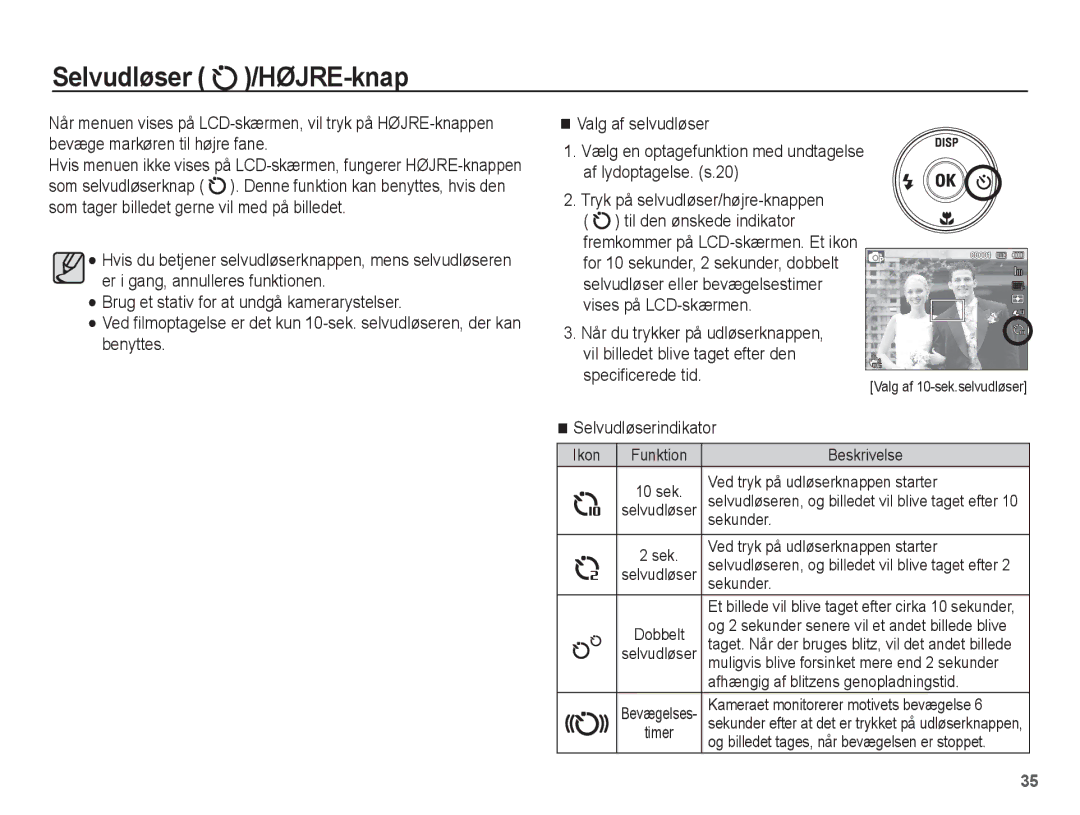 Samsung EC-PL80ZZBPBE2, EC-PL80ZZBPLE2 manual Selvudløser /HØJRE-knap, Vises på LCD-skærmen, Selvudløserindikator 