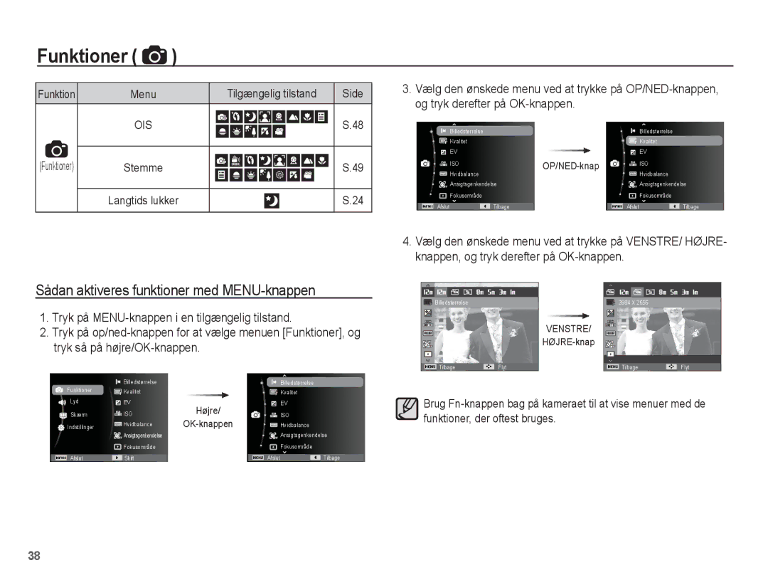 Samsung EC-PL80ZZBPLE2 manual Sådan aktiveres funktioner med MENU-knappen, Og tryk derefter på OK-knappen, Funktioner 