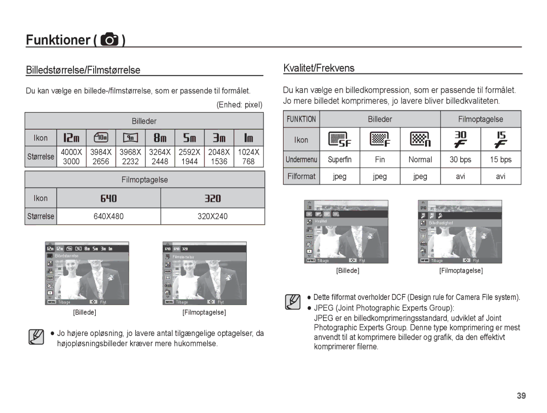 Samsung EC-PL80ZZBPBE2, EC-PL80ZZBPLE2 manual Billedstørrelse/Filmstørrelse, Kvalitet/Frekvens 