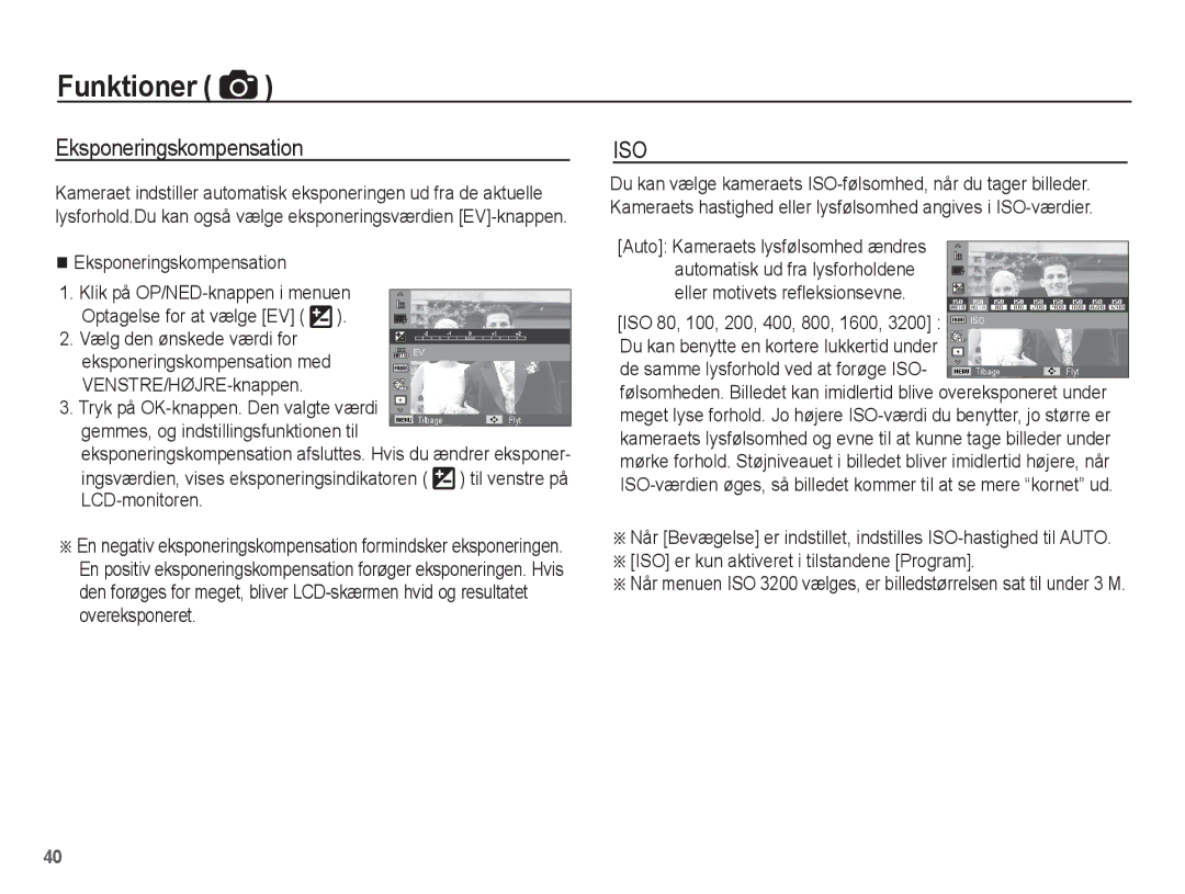 Samsung EC-PL80ZZBPLE2 Eksponeringskompensation, Gemmes, og indstillingsfunktionen til, ISO 80, 100, 200, 400, 800, 1600 