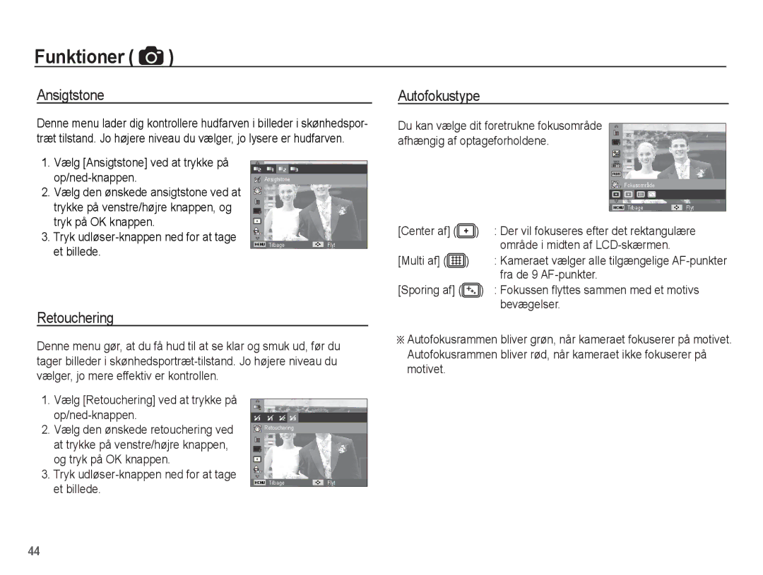 Samsung EC-PL80ZZBPLE2, EC-PL80ZZBPBE2 manual Ansigtstone, Autofokustype, Retouchering 