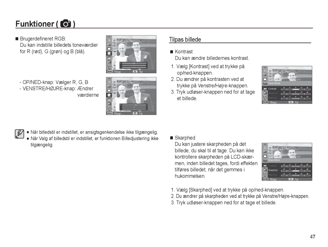 Samsung EC-PL80ZZBPBE2, EC-PL80ZZBPLE2 manual Tilpas billede, Brugerdeﬁneret RGB, OP/NED-knap Vælger R, G, B, Skarphed 