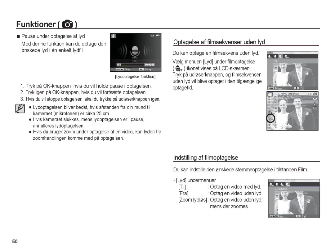 Samsung EC-PL80ZZBPLE2 manual Indstilling af filmoptagelse, Pause under optagelse af lyd, Optagetid, Fra, Mens der zoomes 