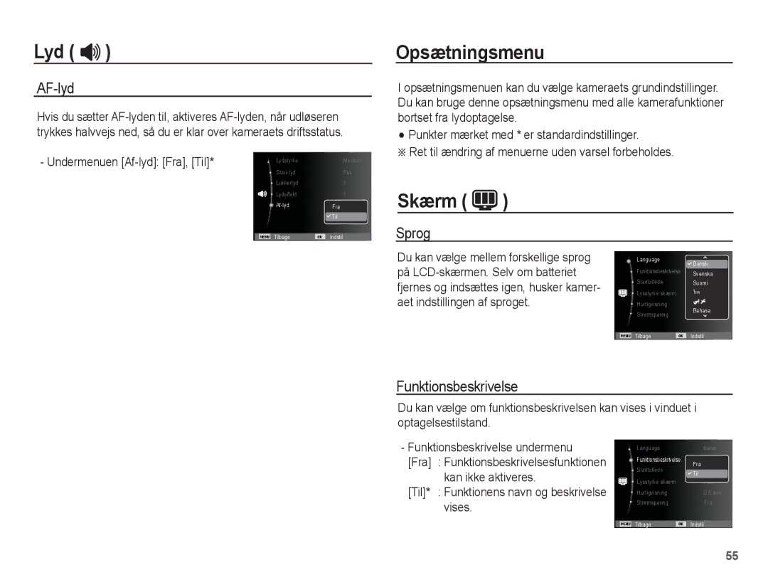 Samsung EC-PL80ZZBPBE2, EC-PL80ZZBPLE2 manual Opsætningsmenu, Skærm, AF-lyd, Sprog, Funktionsbeskrivelse 